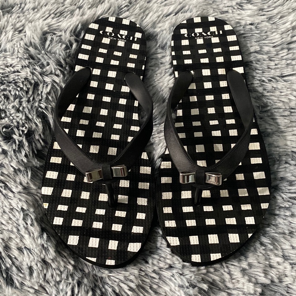 Coach Amel black white silver bow flip flop sandals